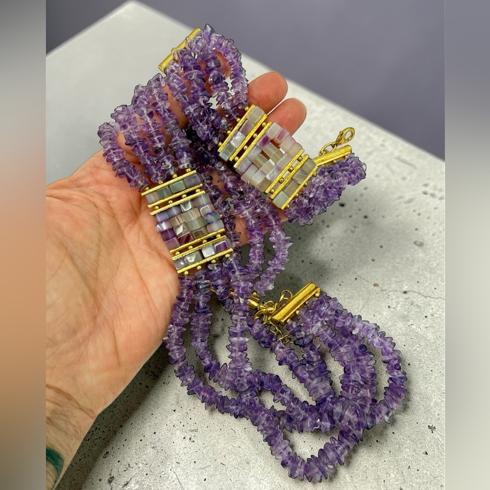 Amethyst Multi Strand Choker Necklace & Bracelet Set Mosaic Agate 161g Stunning - Picture 8 of 17